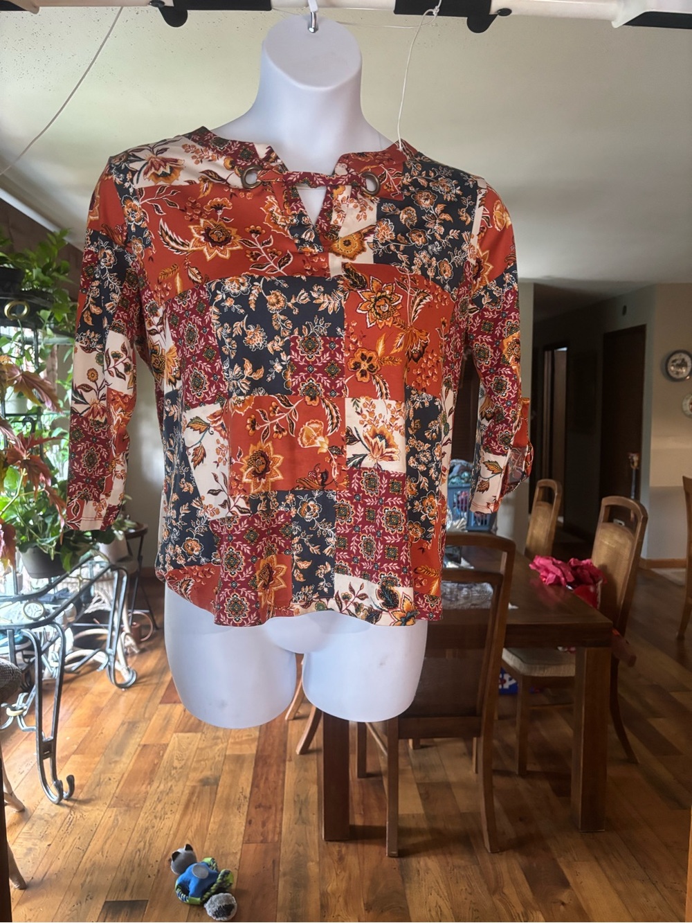 Above & Beyond Women's Patchwork Floral Keyhole Blouse - Orange Multi Size L